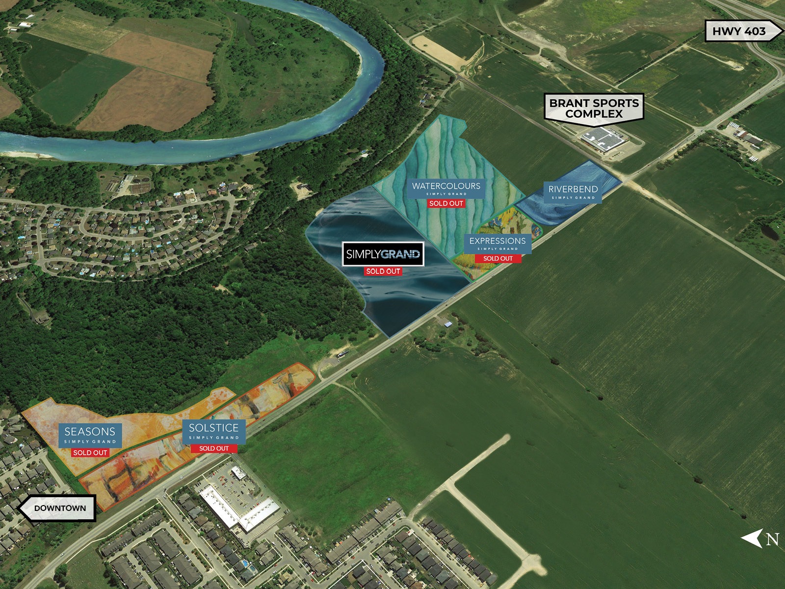 Aerial site map showing the location of Riverbend Townhomes and nearby sold-out communities in Paris, Ontario